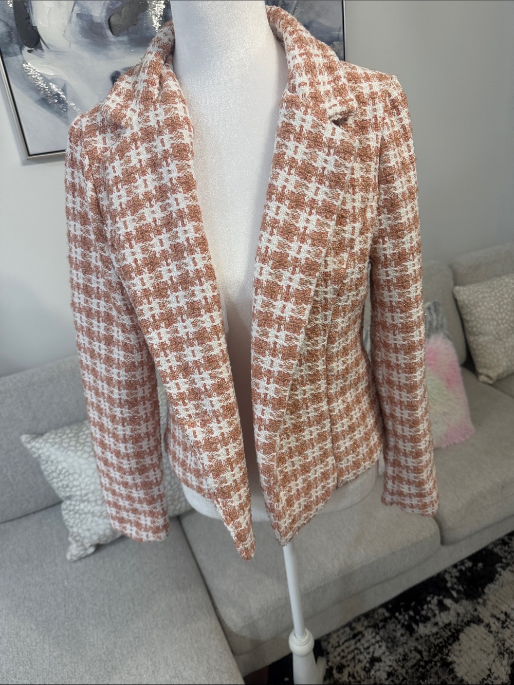 Haute Monde Peach & White Tweed Open-Front Blazer